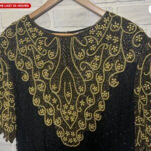 Carina Black Gold Beaded Pure Silk Midi Dress Half Sleeve Size 3X Vintage 1980's